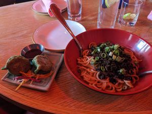 Dan Dan noodles and Veggie Dumplings at Spicy Moon - 6th St in New York City