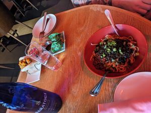 Dan Dan noodles, Veggie Dumplings and Bao Bun at Spicy Moon - 6th St in New York City