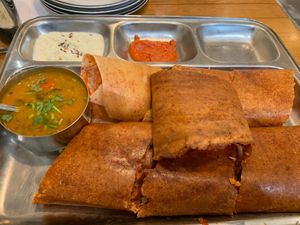 Spring dosa, filled with cabbage, tomatoes, peas, carrots, & onions. at Kesar's in East Windsor