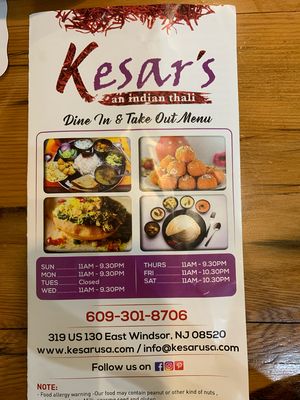 Cover of the menu at Kesar's in East Windsor