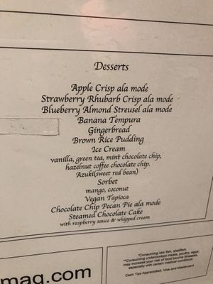 Dessert menu at Yama Q in Bridgehampton