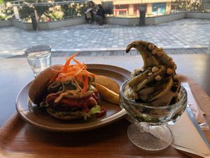 Okinawa multigrain burger and moringa salt sundae at Rakuen Cafe in Naha