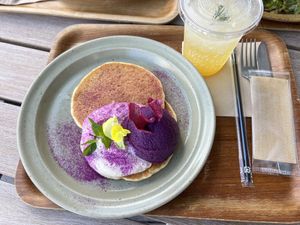 Pancakes with purple sweet potato  at Rakuen Cafe in Naha
