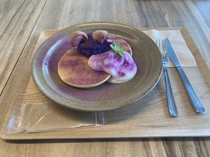 Beni imo pancake  at Rakuen Cafe in Naha