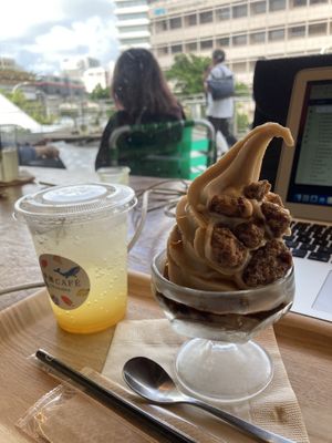 Soy ice cream with azuki bean  at Rakuen Cafe in Naha