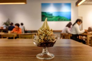 Vegan ice cream sundae at Rakuen Cafe in Naha