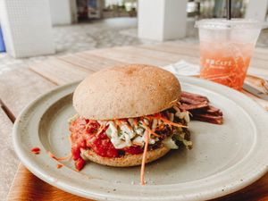 Whole grain burger  at Rakuen Cafe in Naha