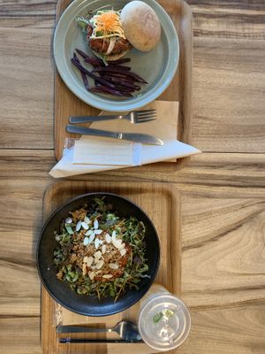 Burger and taco rice at Rakuen Cafe in Naha