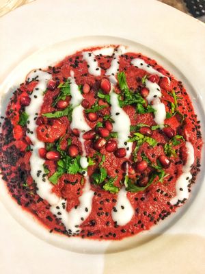 Beet Mole Enchiladas with plantain stuffing at Vespertina in Tulum