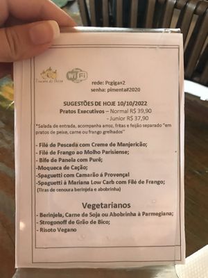Vegetarian menu  at Pimenta de Cheiro in Sao Paulo