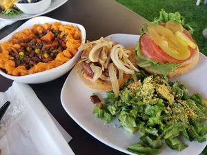 Weird vegan sheppard's pie stew, impossible burger, cesar salad at Palm Greens Cafe in Palm Springs