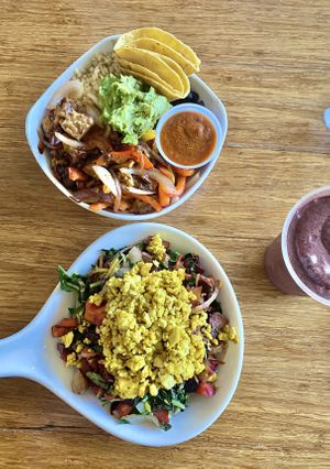 Fajita bowl & Root veggie hash at Palm Greens Cafe in Palm Springs