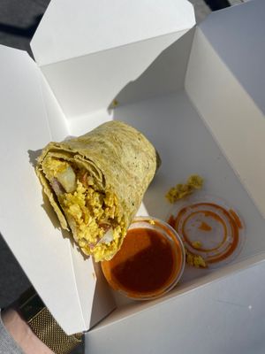 Vegan brekkie burrito with potato instead of beans  at Palm Greens Cafe in Palm Springs