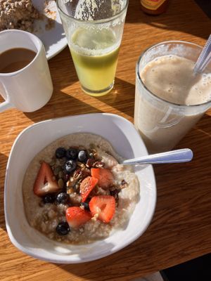 Date Shake……coffee with Oat milk and a refreshing mint, cucumber juicee  at Palm Greens Cafe in Palm Springs