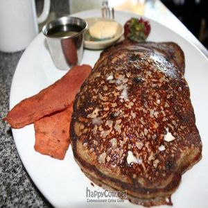 Vegan Blueberry Buckwheat pancakes (with 'taste like bacon' strips) at Palm Greens Cafe in Palm Springs