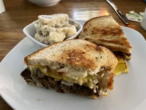 Mushroom patty melt with potato salad (all vegan) at Palm Greens Cafe in Palm Springs