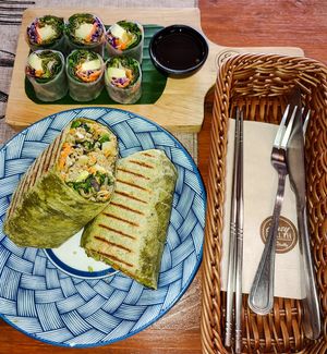Mega-vegan Burrito with vegan Avocado Spring Rolls at Easy Health in Pattaya