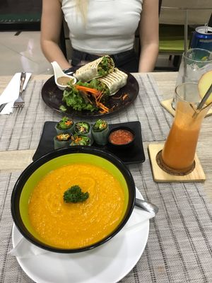 Carrot soup, avocado summer rolls, chicken burrito and carrot, ginger and apple juice.  at Easy Health in Pattaya