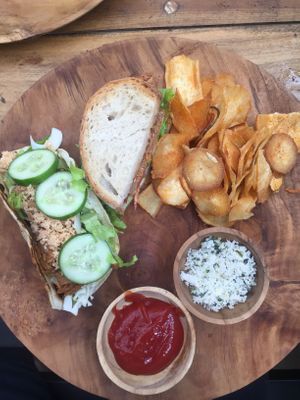 Jackfruit taco and jackfruit sandwich at No Fish Today in Weligama