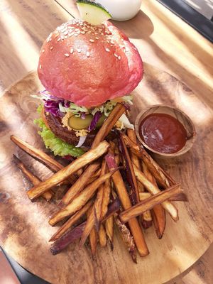 Burger & sweet potato fries at No Fish Today in Weligama