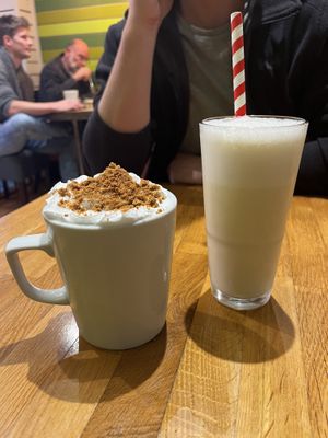 Gingerbread latte and vegan whipped cream and a vegan vanilla milkshake   at The Funky Monkey in Stockport