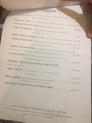 Vegan options as at Jan 2019 at The Funky Monkey in Stockport