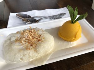 Coconut sticky rice with mango sorbet.  at SkyIce in Brooklyn