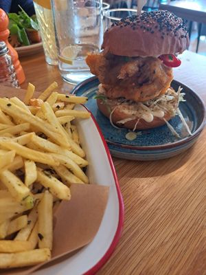 Rosemary salt fries with tempura oyster mushroom bun at Friend of Mine  in Bridge Of Allan
