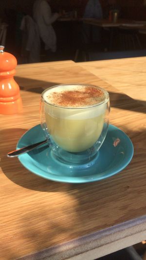 Golden milk latte in the sun at Friend of Mine  in Bridge Of Allan