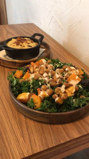 Chickpea salad and mac and cheese sides! at Friend of Mine  in Bridge Of Allan