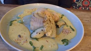 Cannelloni made with Chinese cabbage instead of pasta, stuffed with curried tofu at Bistro De Rode Kater in Deventer