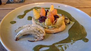 'carrot cake' puff pastry shell w vegan herb creme, carrot roses, spinach sauce & grilled onion at Bistro De Rode Kater in Deventer