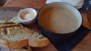 Mustard soup w bread and vegan aioli at Bistro De Rode Kater in Deventer