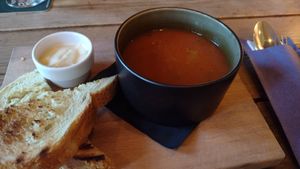 Tomato soup w bread and vegan aioli at Bistro De Rode Kater in Deventer
