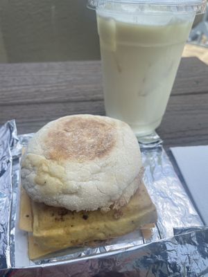 Breakfast sandwich with an iced bubble green tea   at Cabbage in Skippack