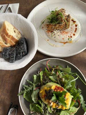 Baked sesame tofu  above, avocado    below.   at Le Potager de Charlotte - Rennequin in Paris