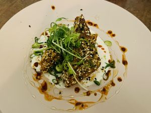 Marinated Tofu coated with sesame seeds  at Le Potager de Charlotte - Rennequin in Paris