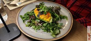 Avocado "hard boiled egg style" : Turmerix hummus, greens, kala namak salt at Le Potager de Charlotte - Rennequin in Paris