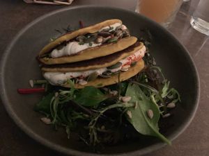 Cashew cheese stuffed chickpea and rice pancake🤤 at Le Potager de Charlotte - Rennequin in Paris