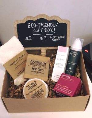 They offer Eco-Friendly gift boxes that they wrap for you and you can include a seeded card that blooms flowers when planted! at The Queen V in Toronto