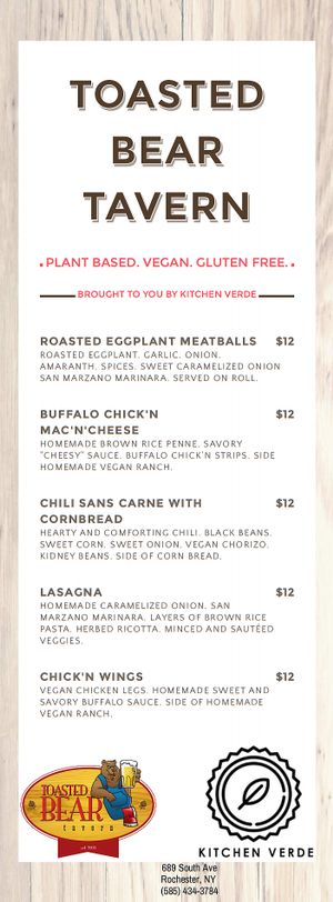 vegan menu at Toasted Bear Tavern in Rochester