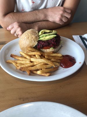 Quinoa Beet Burger with Fries  at Wally's in Surf City