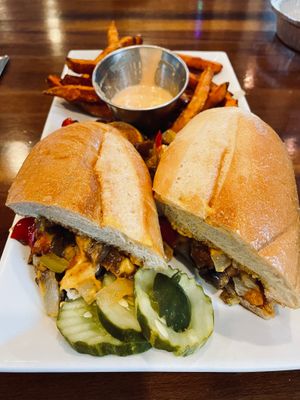 Vegan cheesesteak with sweet potato fries and vegan aioli  at Wally's in Surf City
