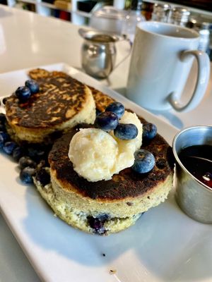 Japanese soufflé pancakes with tempeh bacon and coffee with oat milk creamer   at Wally's in Surf City