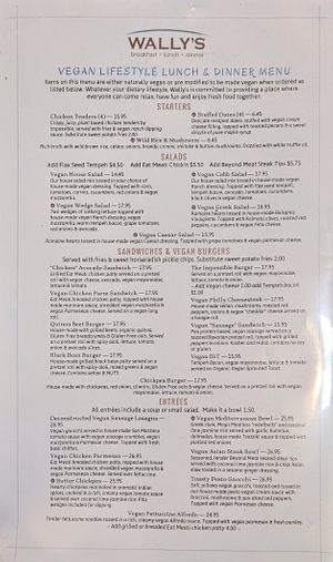 Vegan Lunch and dinner menu at Wally's in Surf City