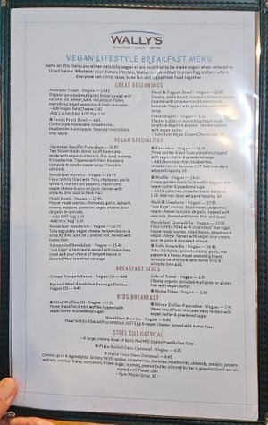 Breakfast menu for vegans at Wally's in Surf City