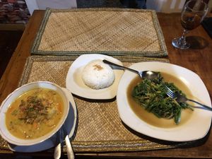 The curry and the Tumis Pucuk Labu + Bunga Papaya (sauté pumpkin shoots + papaya flowers  at Milonari in 