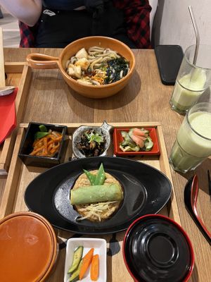 Front: tofu steak bento box / back: udon with fried tofu  at Mari's MetchaMatcha Wasyoku in Vienna