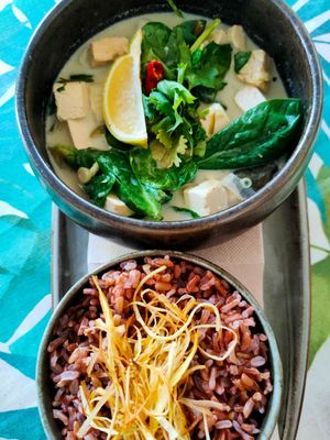Green curry with tofu and tempeh at Coco Cuina Viva in Cadaques