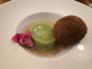 Mango and basil Panna cotta, yuzu jelly and gingerbread at Coco Cuina Viva in Cadaques